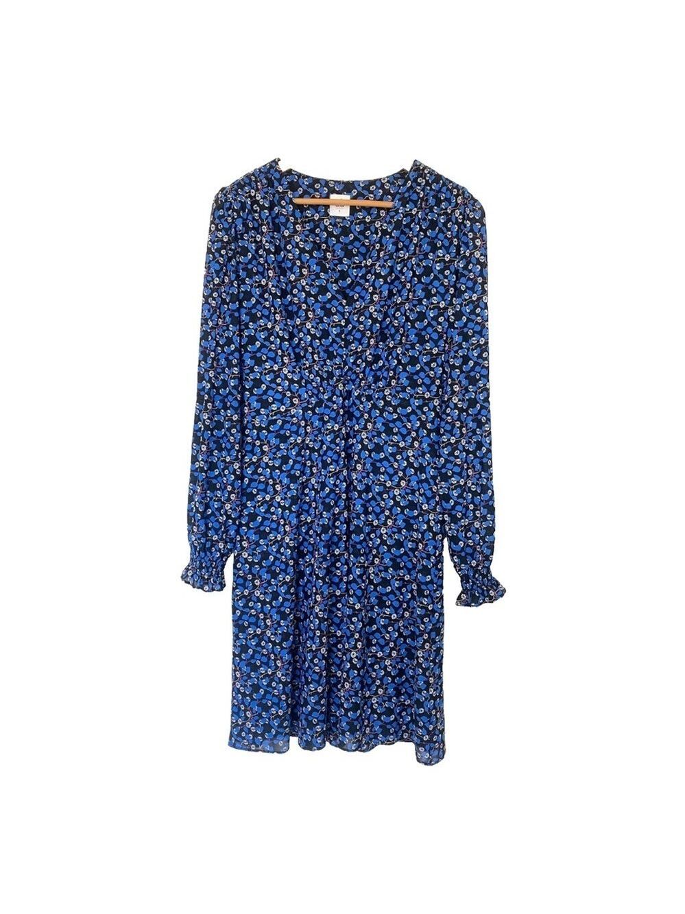 CAbi The Ten Dress Womens Large V-Neck Blue Floral Long Sleeve Lined #5772 - Picture 2 of 10